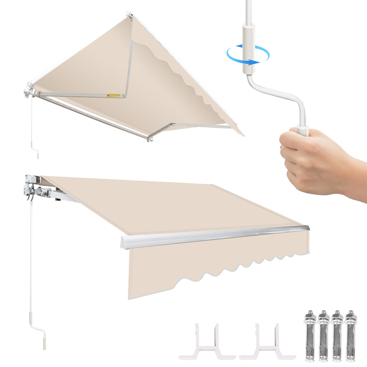 Gelenkarm-Markise, 350 x 250 cm, manuell ausfahrbare Markise, Neigung bis zu 30 Grad einstellbar, schützt vor Sonne und Regen, inklusive Wandhalterung, beige