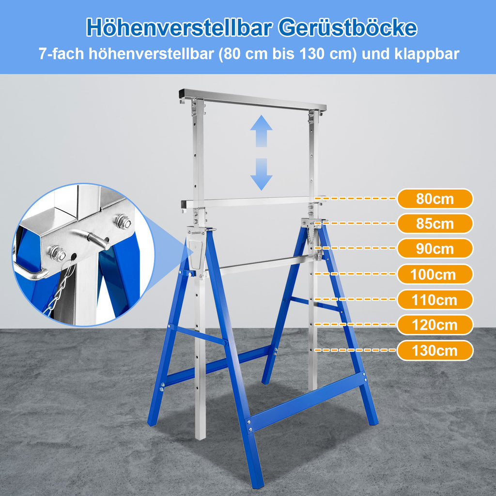 Arbeitsständer, 2er-Set, höhenverstellbar, 7 Stufen (80–130 cm), Gerüstständer, Tragkraft 400 kg pro Paar, klappbare Ständer für Haushalt, Werkstatt und Garten, blau