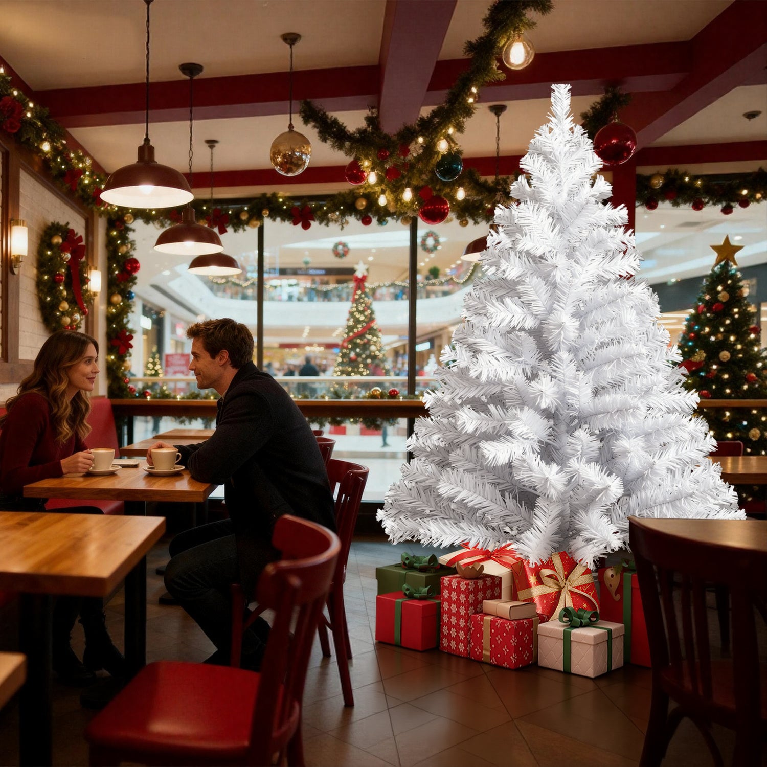 120–210 cm großer künstlicher Weihnachtsbaum aus Kunststoff, künstlicher Weihnachtsbaum, mit 16 cm langen Zweigen, schnell aufzubauen, zusammenklappbar, flammhemmend, inklusive Ständer aus Kunststoff/Metall, weiß/grün