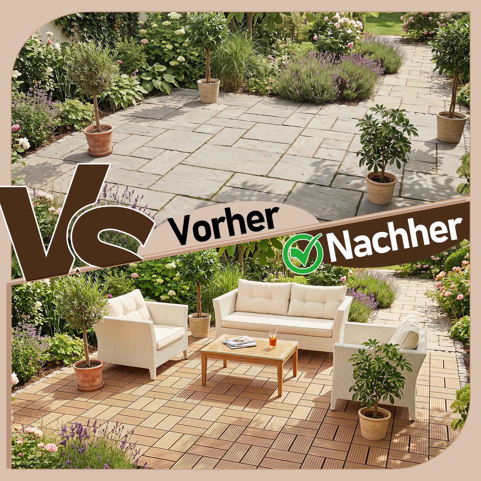 8 Streifen | 30 x 30 cm WPC-Terrassenfliesen 1–5 m², Teakholz-Optik/Rotbraun/Dunkelgrau | Wasserfeste, verlegbare und wasserdurchlässige Fliesen, geeignet für Balkone, Terrassen, Gärten und Außenbereiche