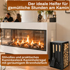Kaminbesteck- und Holzregal-Set | 54 × 29 × 29 cm, schwarzes Metallgestell, inklusive Schaufel, Besen und Haken (ca. 48 cm) | Integrierte Aufbewahrung von Brennholz und Kaminbesteck, rutschfeste Unterlage zum Schutz des Fußbodens