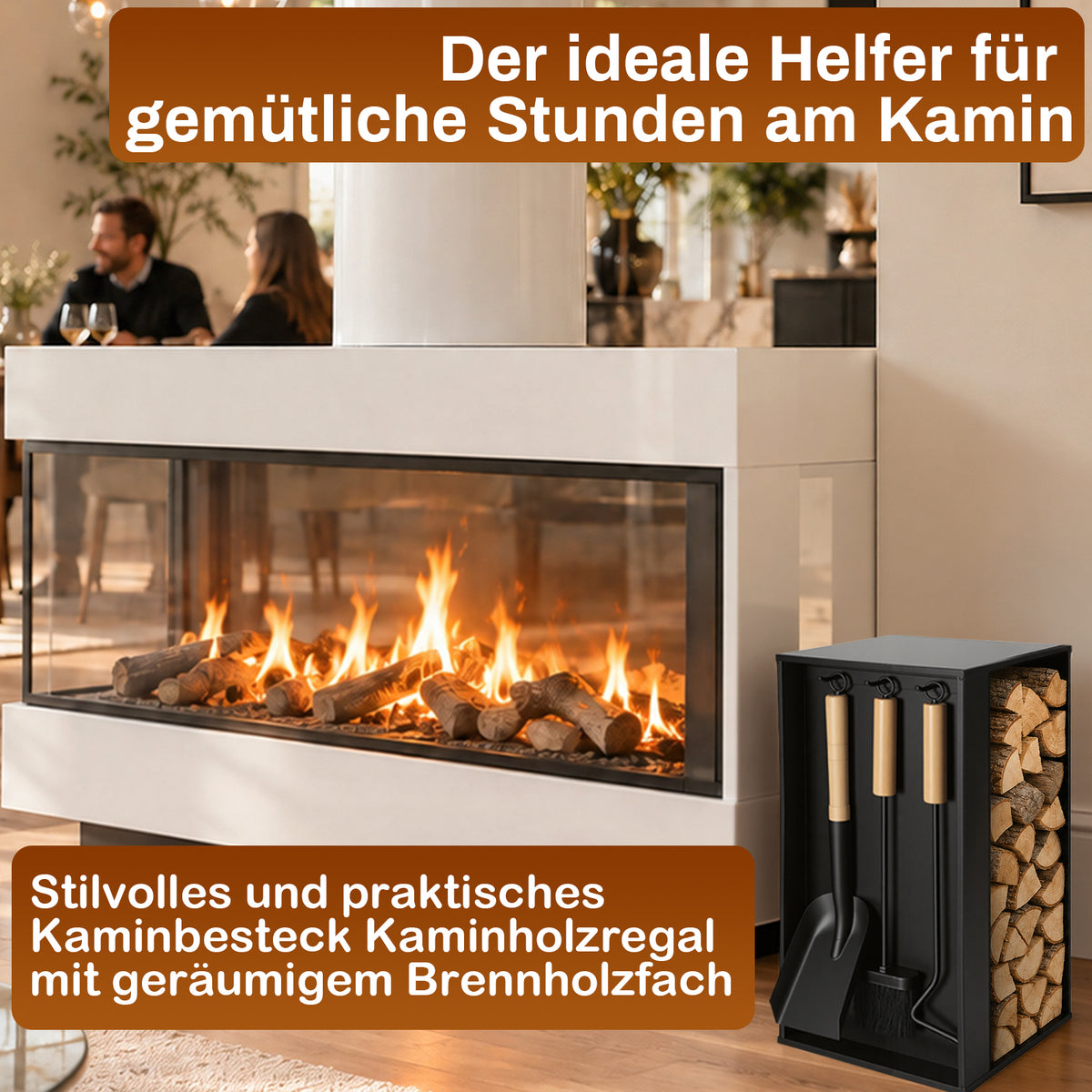Kaminbesteck- und Holzregal-Set | 54 × 29 × 29 cm, schwarzes Metallgestell, inklusive Schaufel, Besen und Haken (ca. 48 cm) | Integrierte Aufbewahrung von Brennholz und Kaminbesteck, rutschfeste Unterlage zum Schutz des Fußbodens