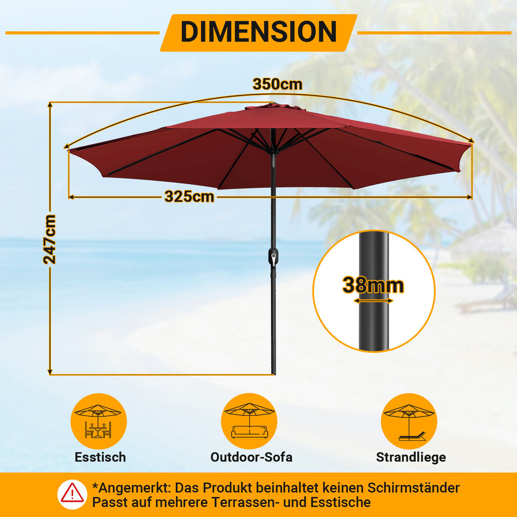 Sonnenschirm 350cm Groß UV-Schutz Gartenschirm Wasserabweisende Balkonschirm Ampelschirm ohne Ständer,Parasol mit Handkurbel Marktschirm für Balkon Garten Terrasse, Es stehen fünf Farben zur Auswahl