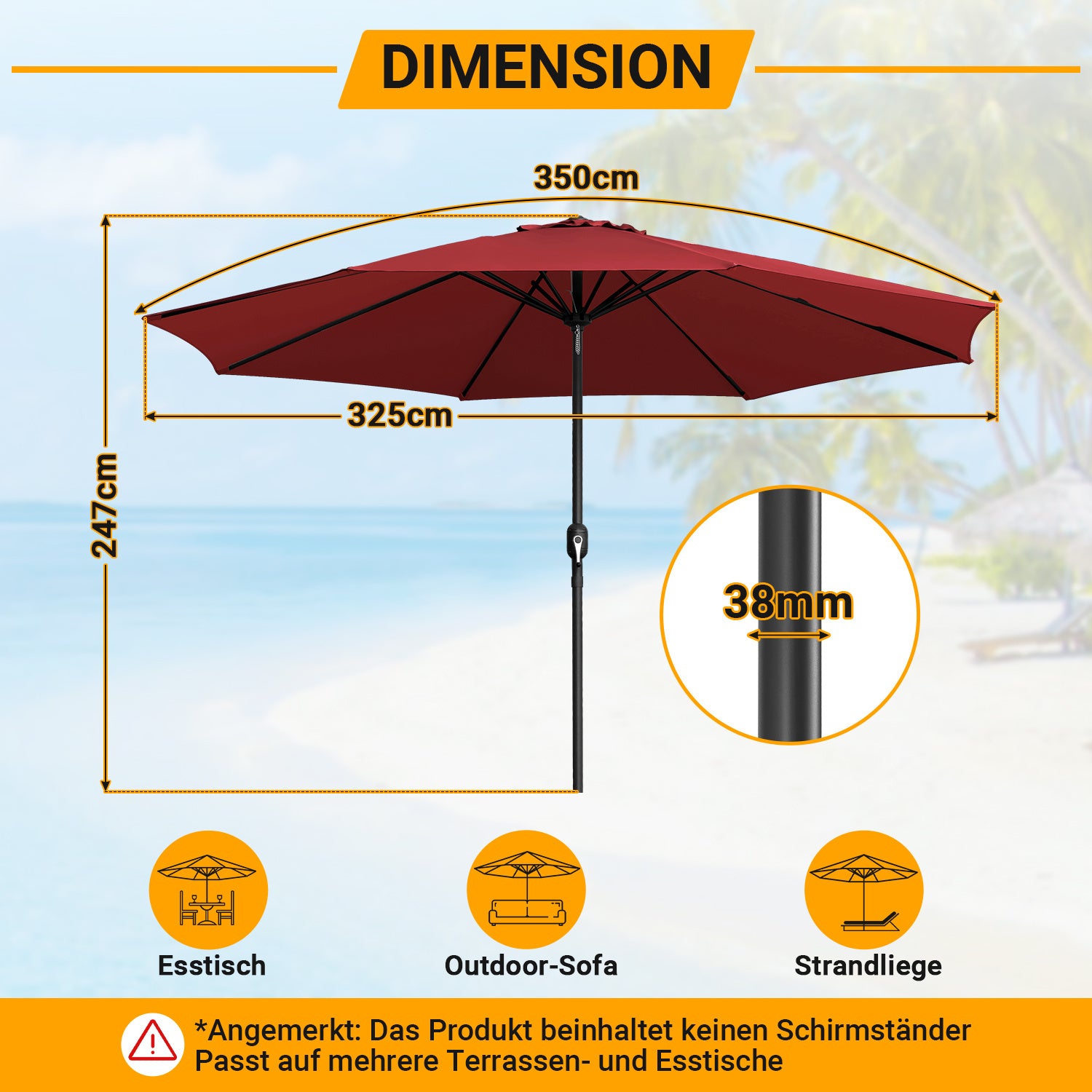 Sonnenschirm 350cm Groß UV-Schutz Gartenschirm Wasserabweisende Balkonschirm Ampelschirm ohne Ständer,Parasol mit Handkurbel Marktschirm für Balkon Garten Terrasse, Es stehen fünf Farben zur Auswahl