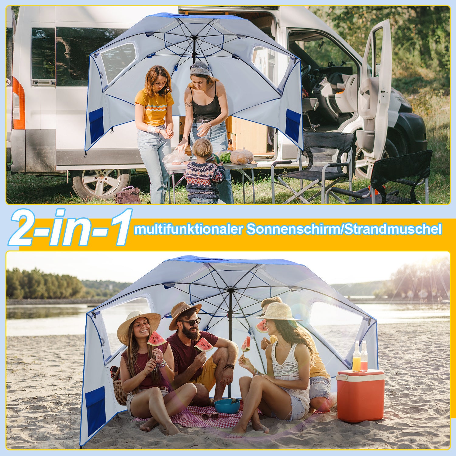 2-in-1-Aluminium-Auslegersonnenschirm – Sonnenschutz, UV-Schutz 50, 210 x 220 cm – Strand-/Garten-Sonnendach – zusammenklappbar, multifunktional, mit Fenster und Tragetasche