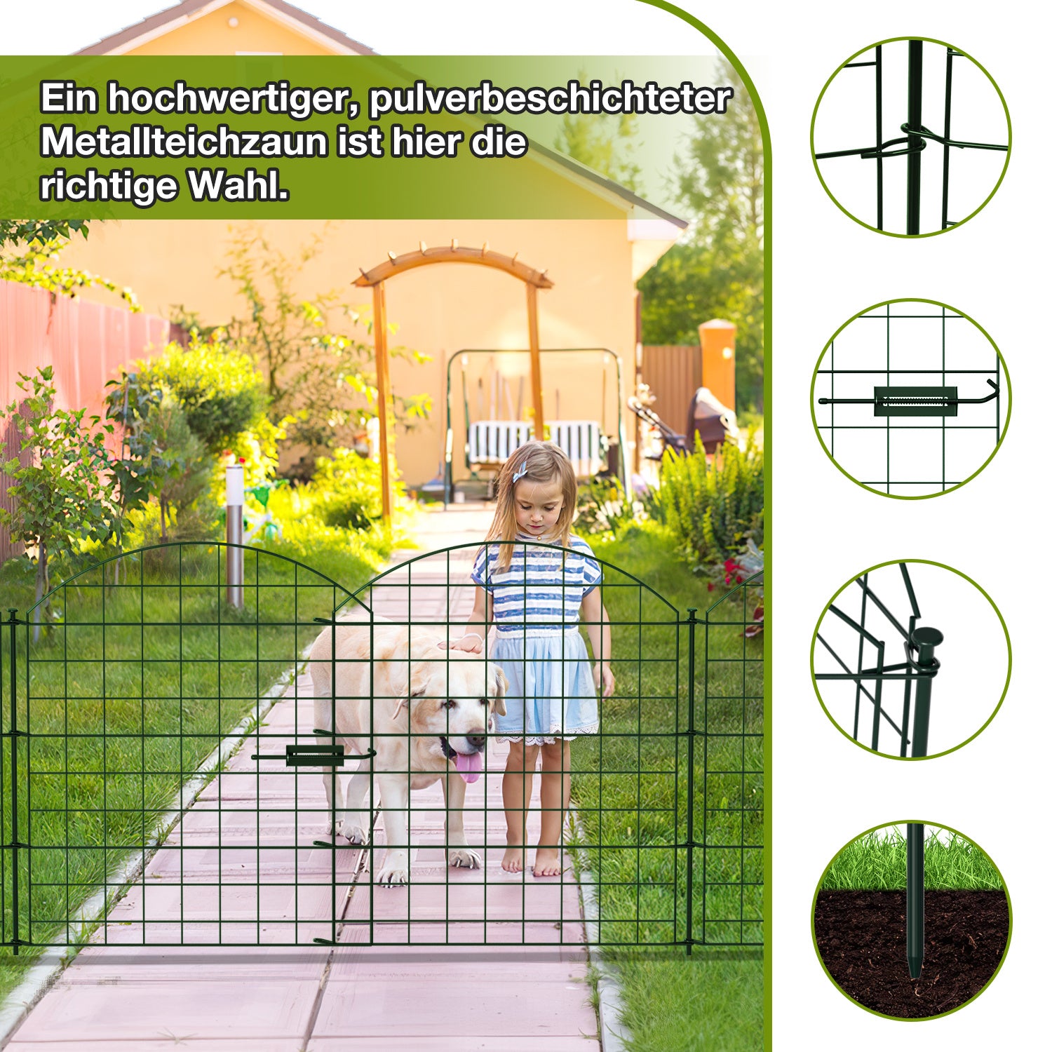 Dekorative Gartenzäune, Teichzaun-Sets, 1 Tor + 4 Teichzaunelemente, Steckzäune, Metallzäune mit Zaunelementen sowie Außenzäune, Gartenzäune, Tierzäune, mit Schloss, Haustierzäune, in drei Ausführungen erhältlich: grün, schwarz