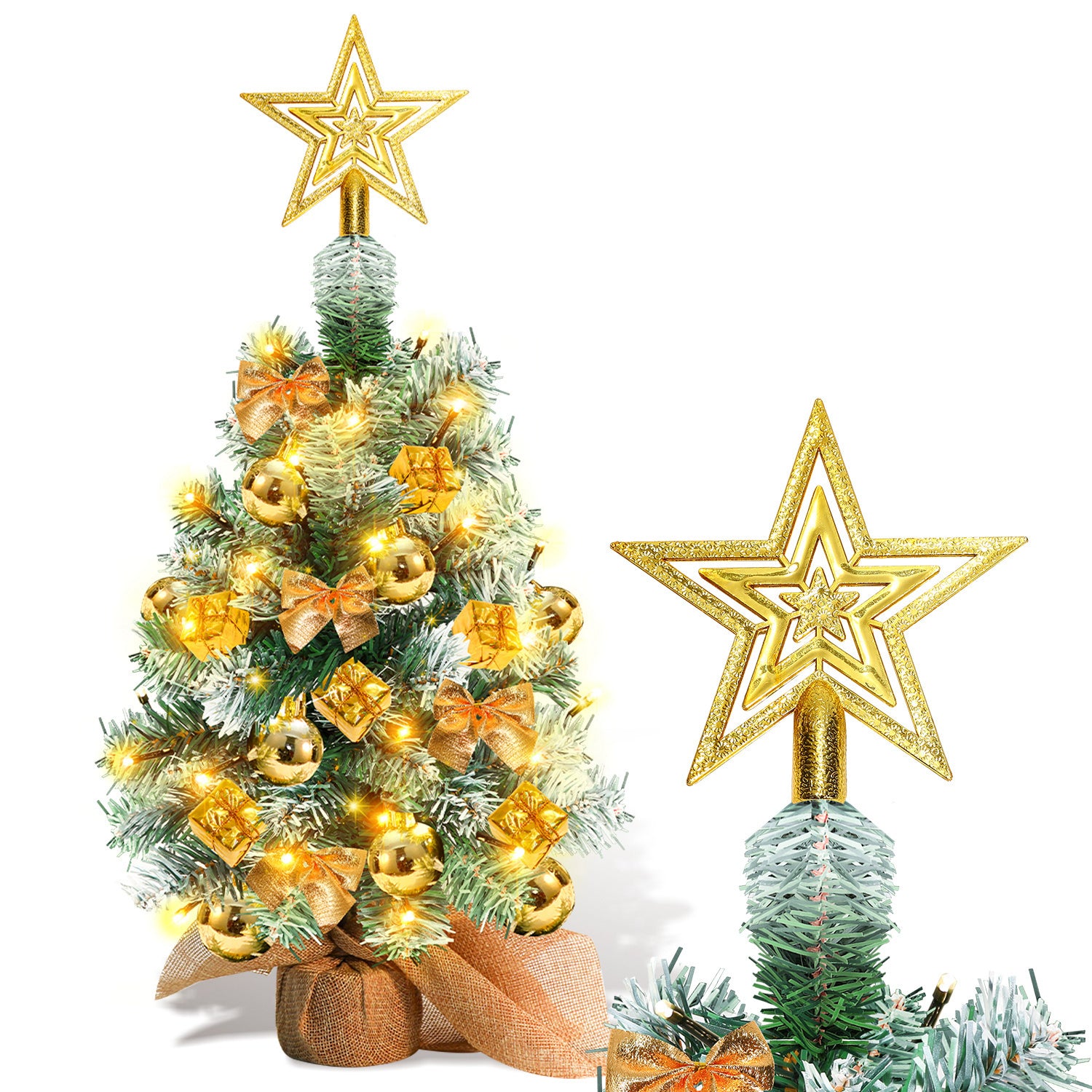 40 cm hoher Mini-Weihnachtsbaum mit LED-Beleuchtung, kleiner künstlicher Tannenbaum, Tannenbaum für den Tisch, mit roten, goldenen und silbernen Christbaumkugeln
