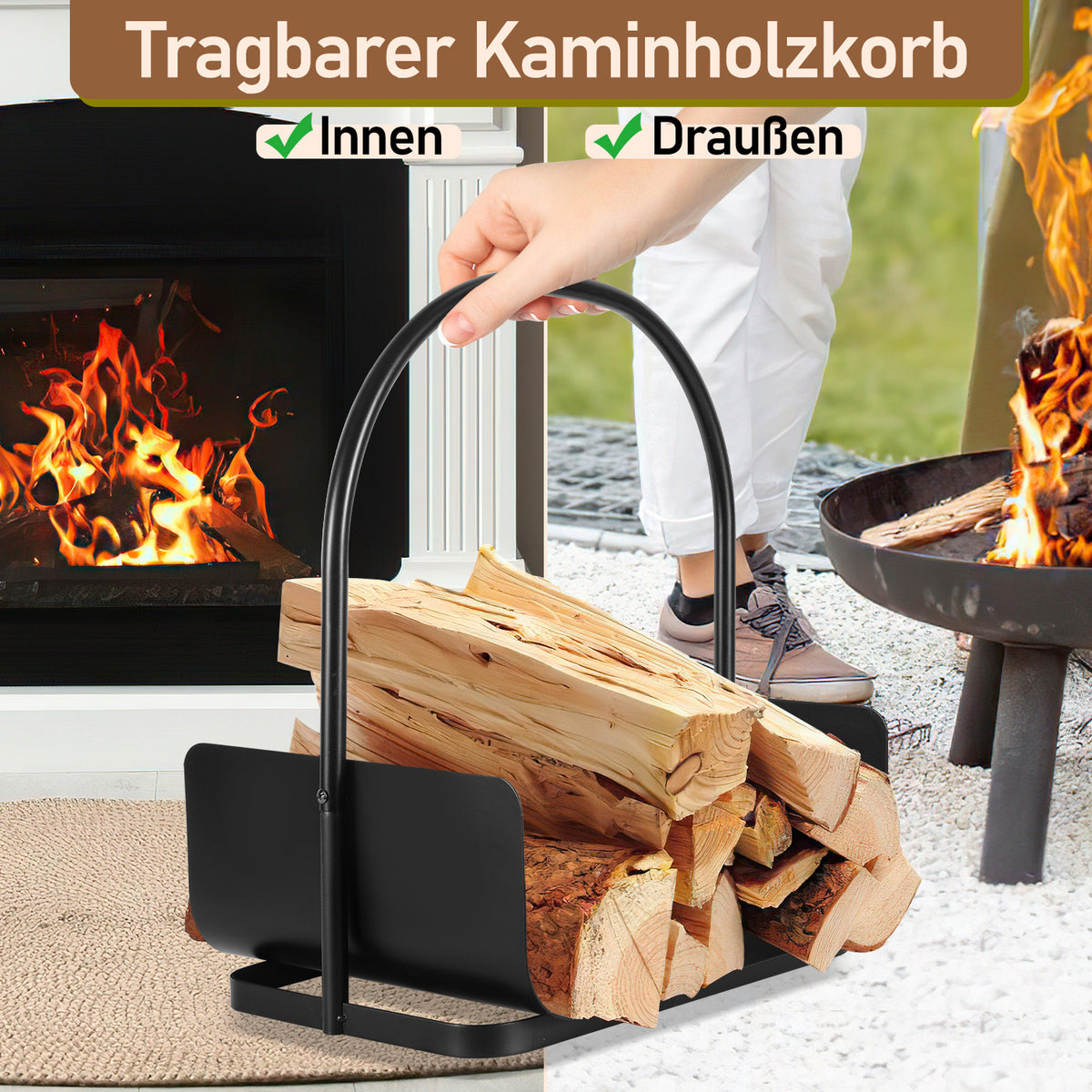 Holzkorb – tragbarer Holzkorb mit Griff – kompakter Holzkorb, geeignet zur Aufbewahrung von Brennholz, Zeitungen und Büchern – 40 x 30 x 50 cm – Holzkorb – für den Innen- und Außenbereich geeignet