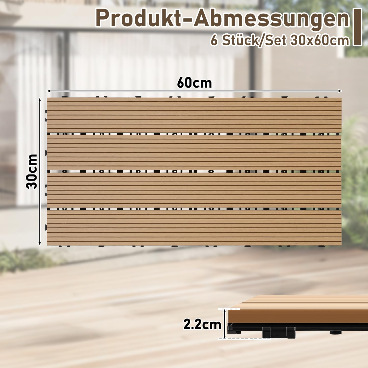 WPC-Fliesen, 30 x 60 cm, Terrassenfliesen, Klickfliesen, Balkonfliesen mit Holzoptik, witterungsbeständige Platten mit Entwässerungsfunktion, geeignet für Terrassen, Balkone und Gärten, braun/rotbraun/dunkelgrau/teakfarben (6 Stück = 1 Quadratmeter)