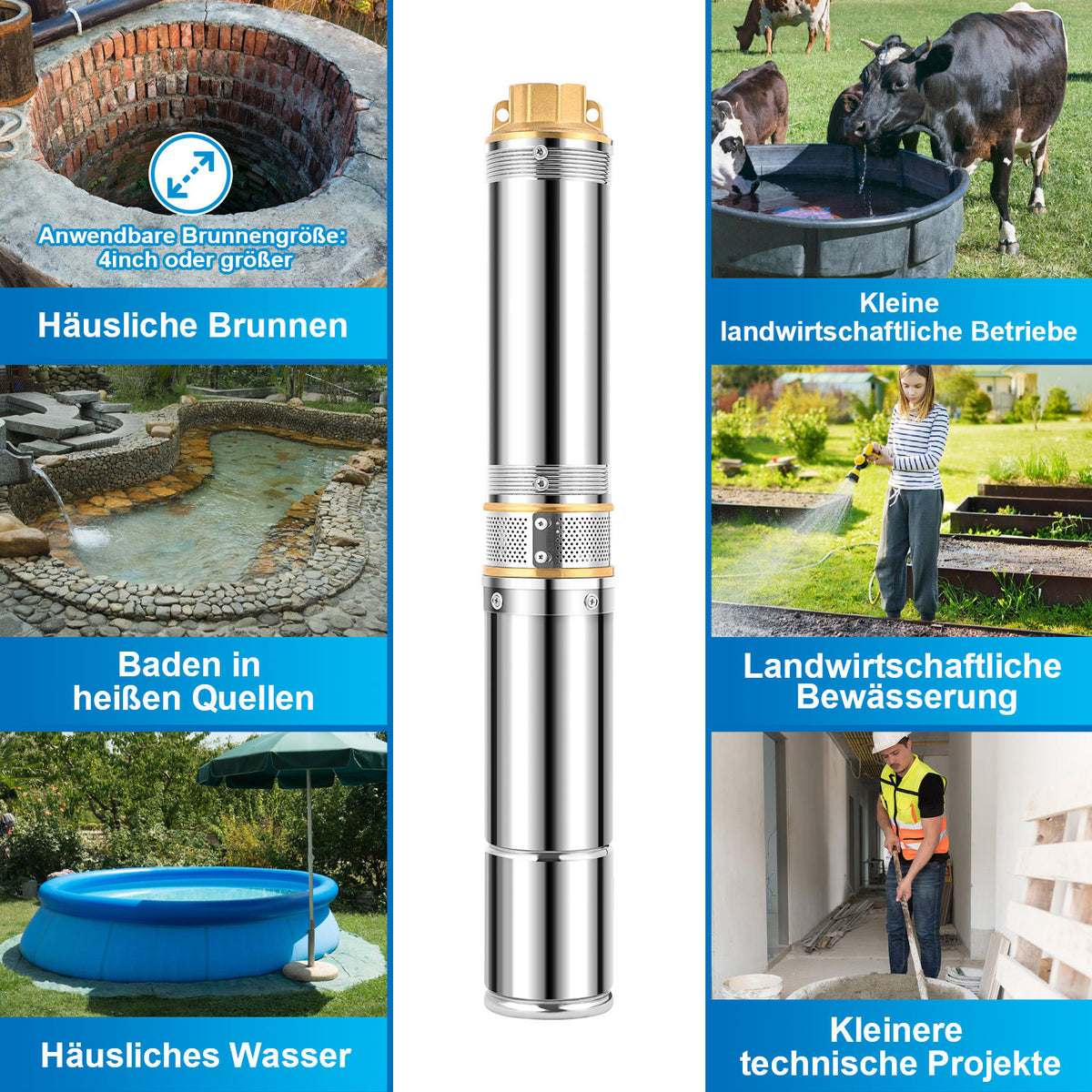 Brunnenpumpe – Tiefbrunnenpumpe mit einer Förderleistung von 4000 l/h, Edelstahl-Wasserpumpe mit einer maximalen Förderhöhe von 81 m und 20 m Kabel, Tauchdruckpumpe mit 8,1 bar, sandtauglich (1,1 kW/1,5 hp)