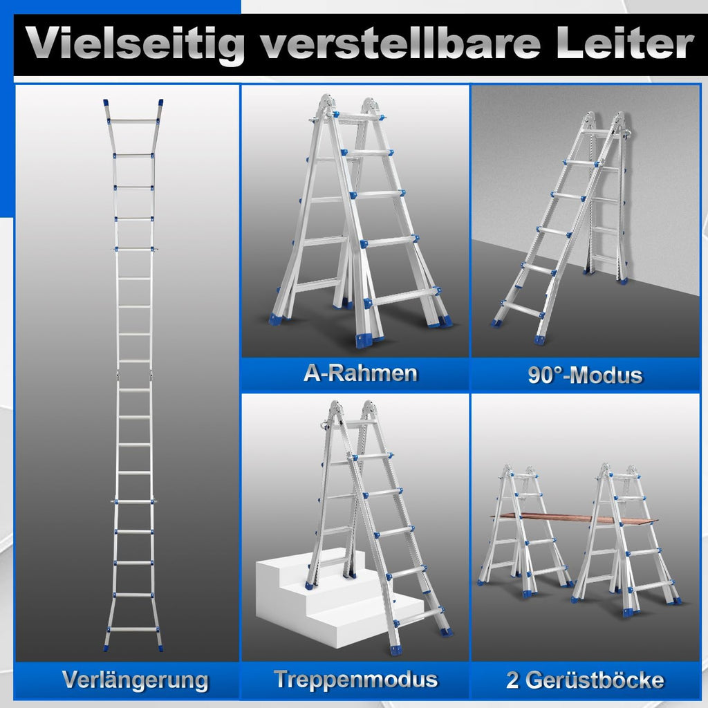 Aluminium multi-purpose ladder, 4-in-1 folding ladder, load capacity 150 kg, step ladder, extension ladder, double-sided ladder and stair ladder, telescopic ladder