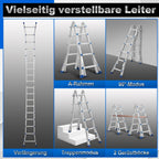 Aluminium multi-purpose ladder, 4-in-1 folding ladder, load capacity 150 kg, step ladder, extension ladder, double-sided ladder and stair ladder, telescopic ladder