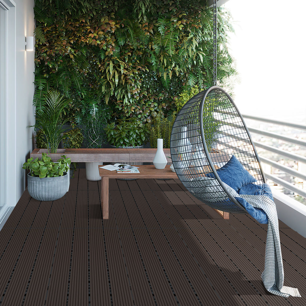 WPC-Fliesen, 30 x 60 cm, Terrassenfliesen, Klickfliesen, Balkonfliesen mit Holzoptik, witterungsbeständige Platten mit Entwässerungsfunktion, geeignet für Terrassen, Balkone und Gärten, braun/rotbraun/dunkelgrau/teakfarben (6 Stück = 1 Quadratmeter)