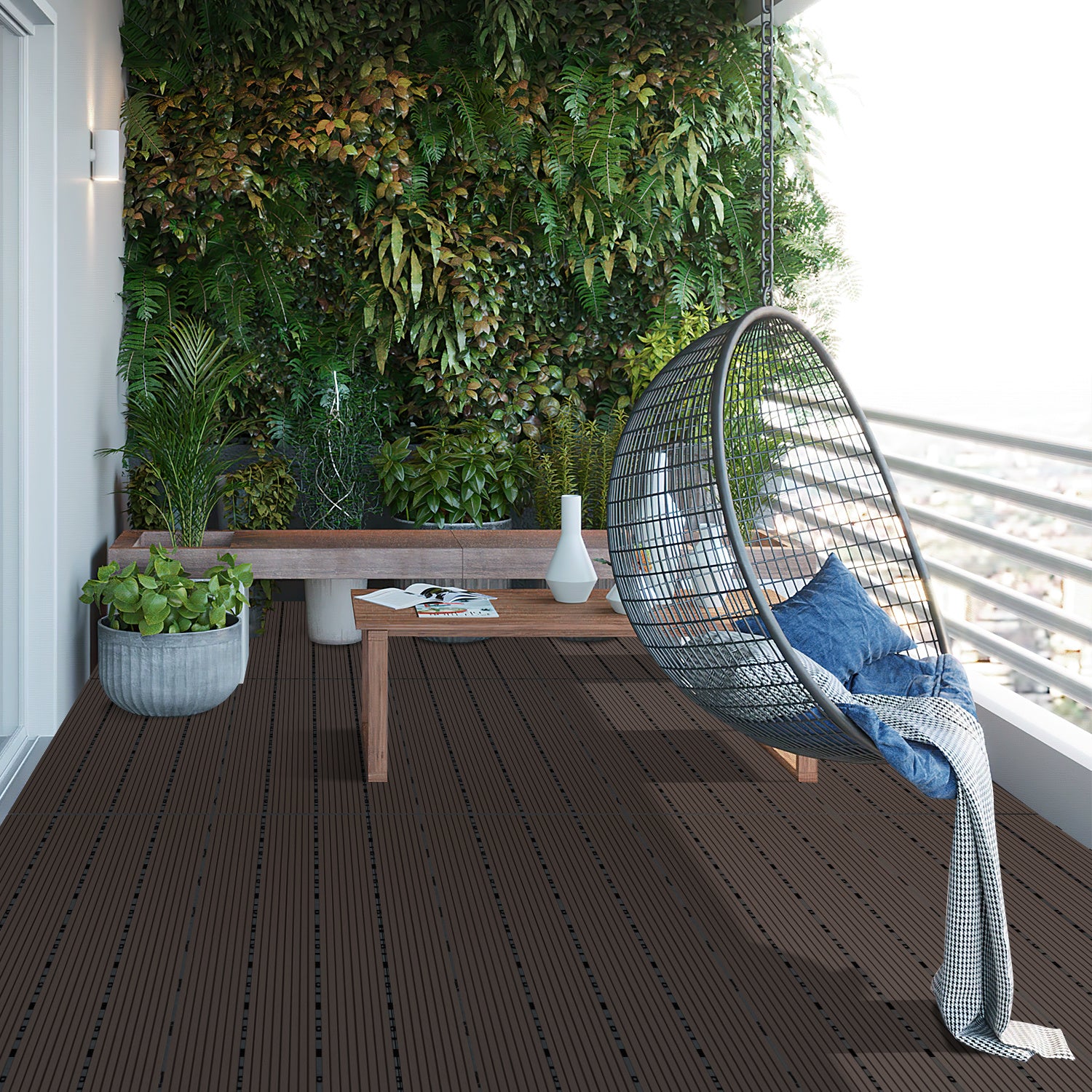 WPC-Fliesen, 30 x 60 cm, Terrassenfliesen, Klickfliesen, Balkonfliesen mit Holzoptik, witterungsbeständige Platten mit Entwässerungsfunktion, geeignet für Terrassen, Balkone und Gärten, braun/rotbraun/dunkelgrau/teakfarben (6 Stück = 1 Quadratmeter)