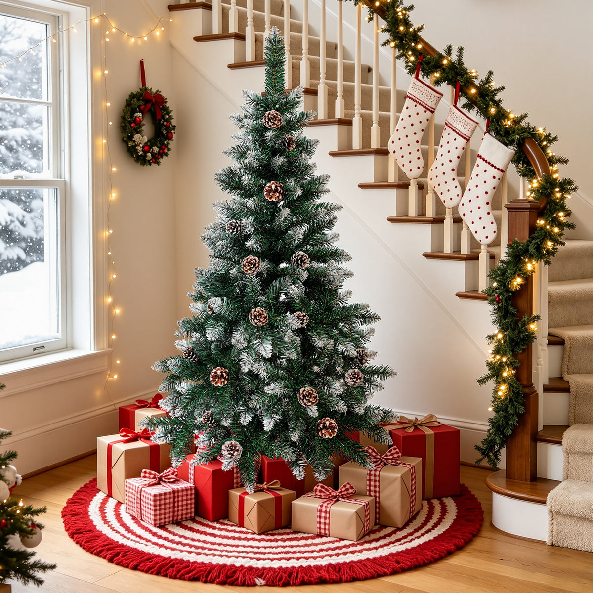 Weihnachtsbaum mit Tannenzapfen, 120/150/180/210 cm; 15 cm lange PVC-Zweige; künstliche Tanne mit Schneelandschaft; inklusive Ständer, einfach aufzubauen, zerlegbar und platzsparend verstaubar