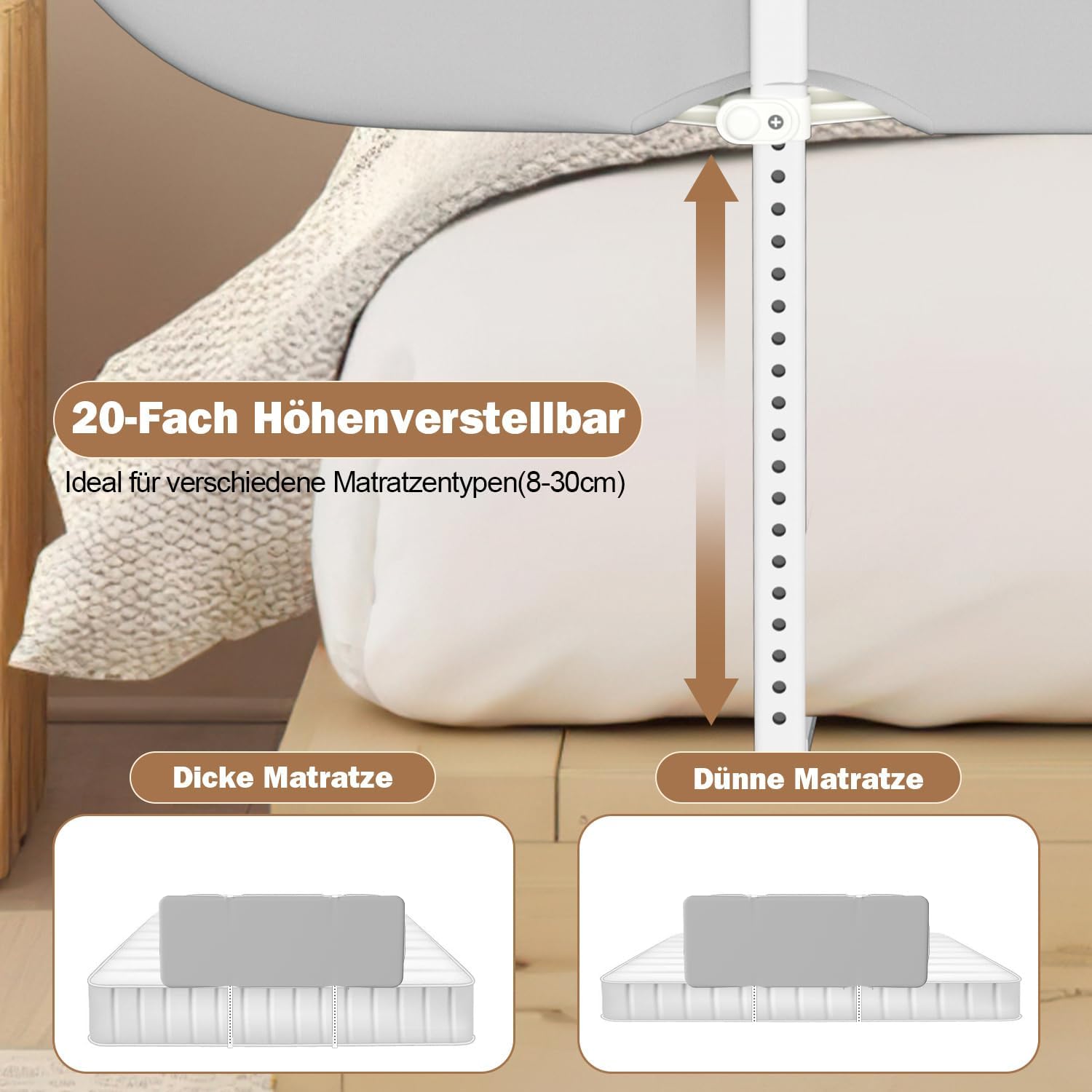 Bettgitter mit Absturzsicherung, tragbares Bettgitter, höhenverstellbar | Zusammenklappbares Bettgitter mit Sicherheitsgurt und Aufbewahrungstasche, geeignet für Babybetten und Elternbetten, Montage ohne Werkzeug, 120/150/180 cm