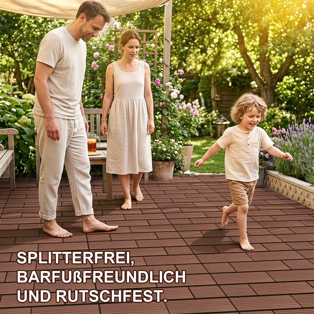 30 x 60 cm WPC-Terrassenfliesen , Klick-Verlegesystem, Teakholzfarben/Rotbraun/Dunkelgrau, 1–5 m² | WPC-Fliesen, Balkonfliesen, witterungsbeständige Platten mit Entwässerungsfunktion, einfache Verlegung, geeignet für Terrassen, Balkone und Gärten