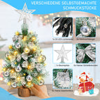 40 cm hoher Mini-Weihnachtsbaum mit LED-Beleuchtung, kleiner künstlicher Tannenbaum, Tannenbaum für den Tisch, mit roten, goldenen und silbernen Christbaumkugeln