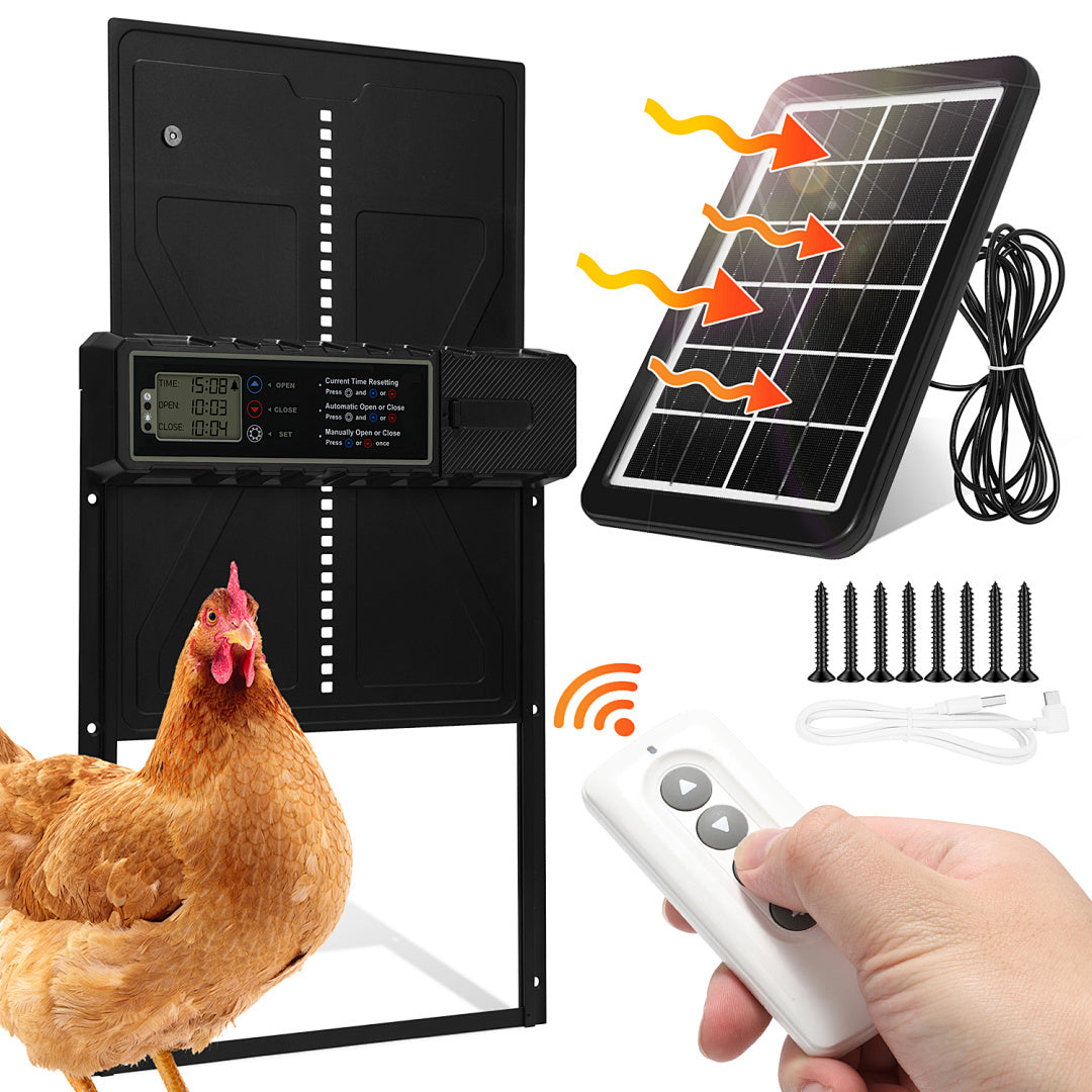 Automatisches Solartor für Hühnerställe mit LCD-Display und Fernbedienung | Elektrisches Hühnerstalltore mit Zeitschaltuhr, Hindernis-Stopp-Alarm, USB-C-Anschluss und Schutzklasse IPX4, geeignet für Hühnerställe, mit Einklemmschutz