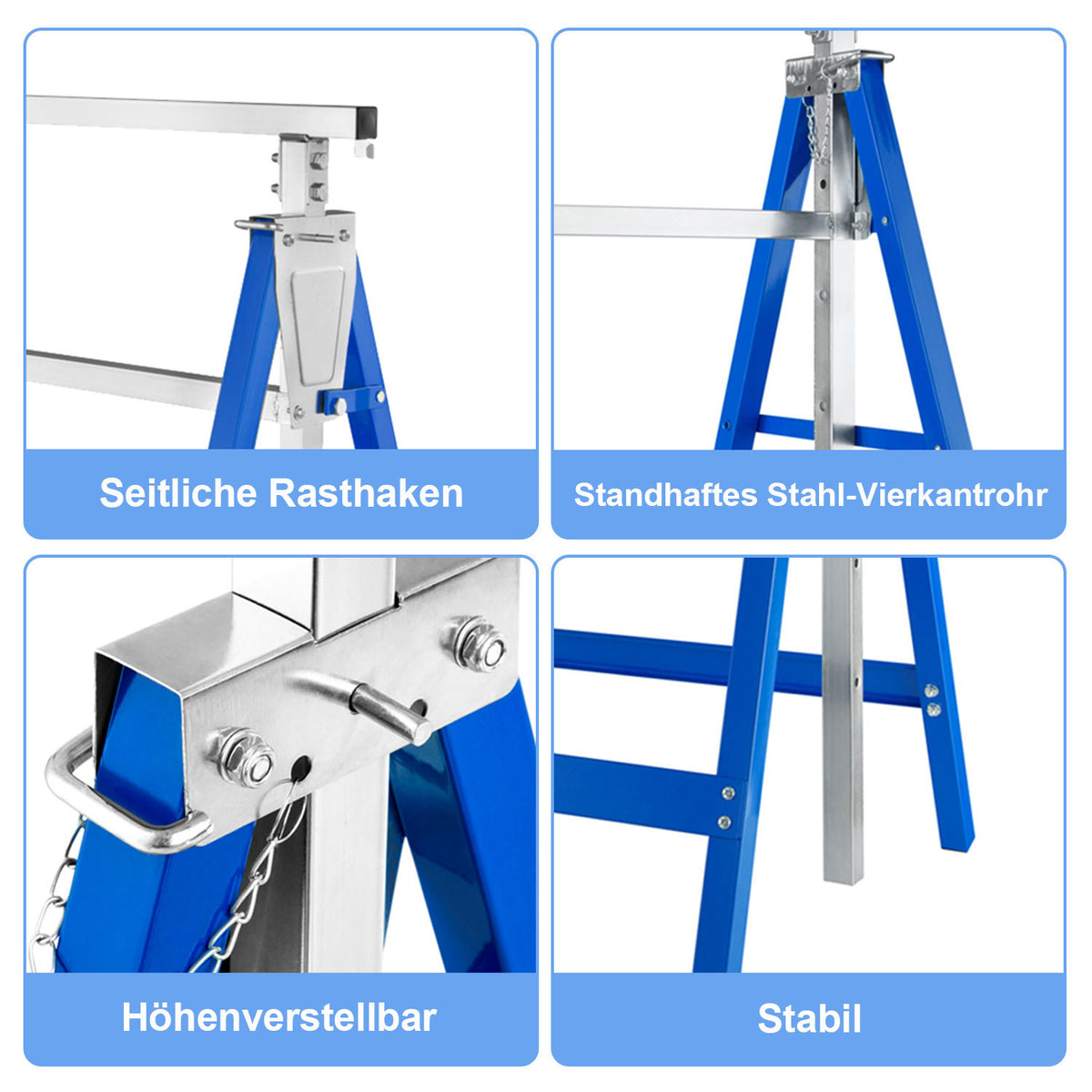 Arbeitsständer, 2er-Set, höhenverstellbar, 7 Stufen (80–130 cm), Gerüstständer, Tragkraft 400 kg pro Paar, klappbare Ständer für Haushalt, Werkstatt und Garten, blau