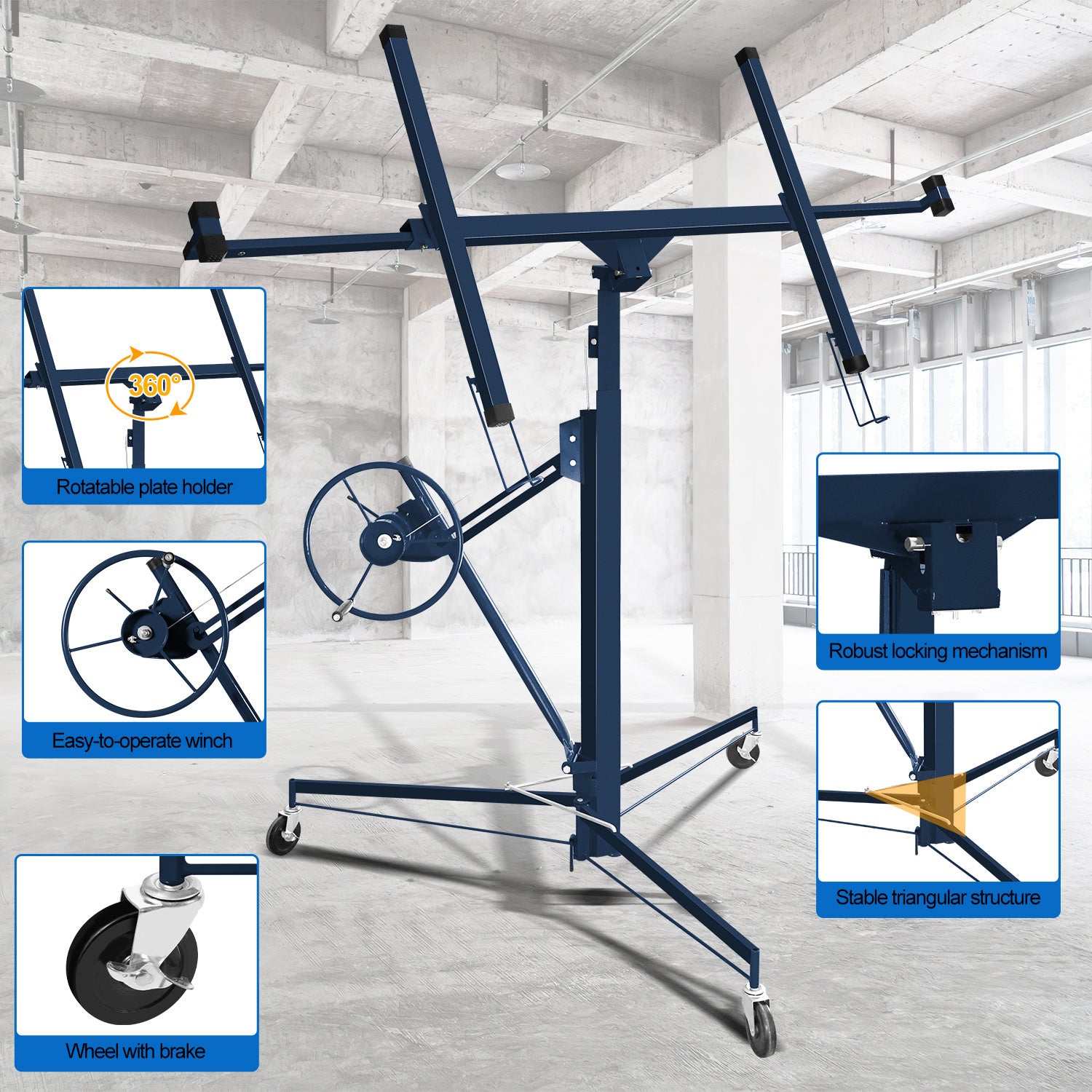 Gipskarton-Hebebühne, zusammenklappbar, XXL-Ausführung, 140 cm – 350 cm, einstellbare Arbeitshöhe, Tragkraft 68 kg, maximale Ausladung für Gipskartonplatten 290 cm