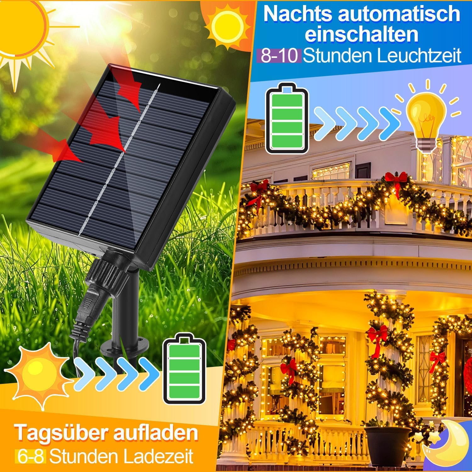 30/50/80/100 Meter lange Solar-Lichterkette für den Außenbereich, 300/500/800/1000 LED-Lämpchen, kaltweißes Licht, USB-Aufladung und Solarstromversorgung, 8 Beleuchtungsmodi und Timer-Funktion, Schutzklasse IP44, geeignet für Garten und Partys