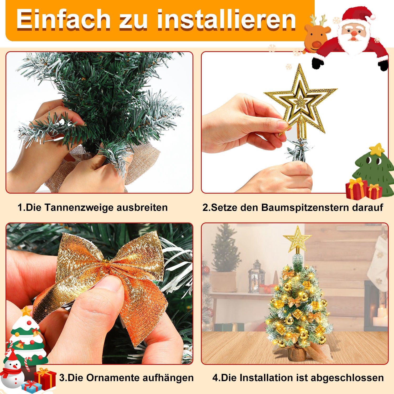 40 cm hoher Mini-Weihnachtsbaum mit LED-Beleuchtung, kleiner künstlicher Tannenbaum, Tannenbaum für den Tisch, mit roten, goldenen und silbernen Christbaumkugeln