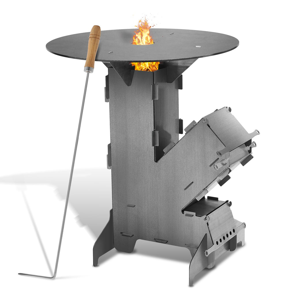 Raketenofen mit Grillplatte Ø50cm, Stecksystem aus Kohlenstoffstahl | Mit zwei zusätzlichen Stützstreben und Feuerhaken; für Garten, Terrasse und Camping