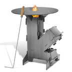 Raketenofen mit Grillplatte Ø50cm, Stecksystem aus Kohlenstoffstahl | Mit zwei zusätzlichen Stützstreben und Feuerhaken; für Garten, Terrasse und Camping