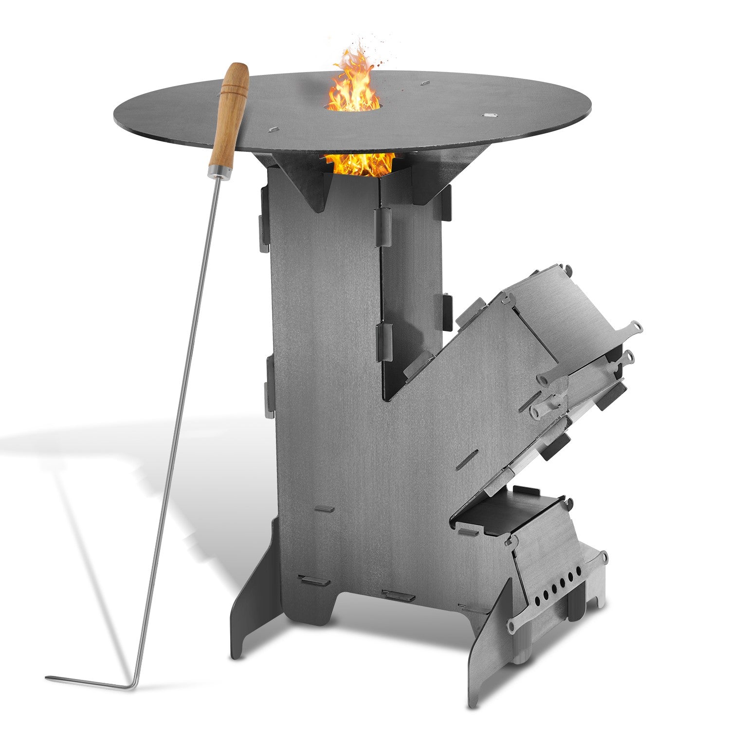 Raketenofen mit Grillplatte Ø50cm, Stecksystem aus Kohlenstoffstahl | Mit zwei zusätzlichen Stützstreben und Feuerhaken; für Garten, Terrasse und Camping