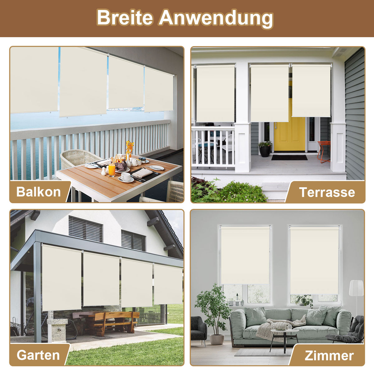 Vertikalmarkisen, Aussenrollos, Balkonrollos, Sichtschutz, Wind- und Regenschutz, Sonnenschutz, UV-Schutz; geeignet für Balkone, Terrassen und Gärten（副本）
