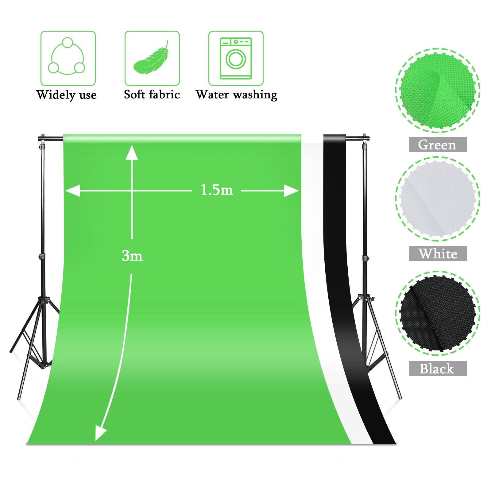 Hintergrund Ständer, 2x3M Hintergrundsysteme mit 3 Hintergrundstoffe (Grün/Weiß/Schwarz), Fotostudio Hintergrundsystem für Green Screen, Portrait und Videoaufnahme
