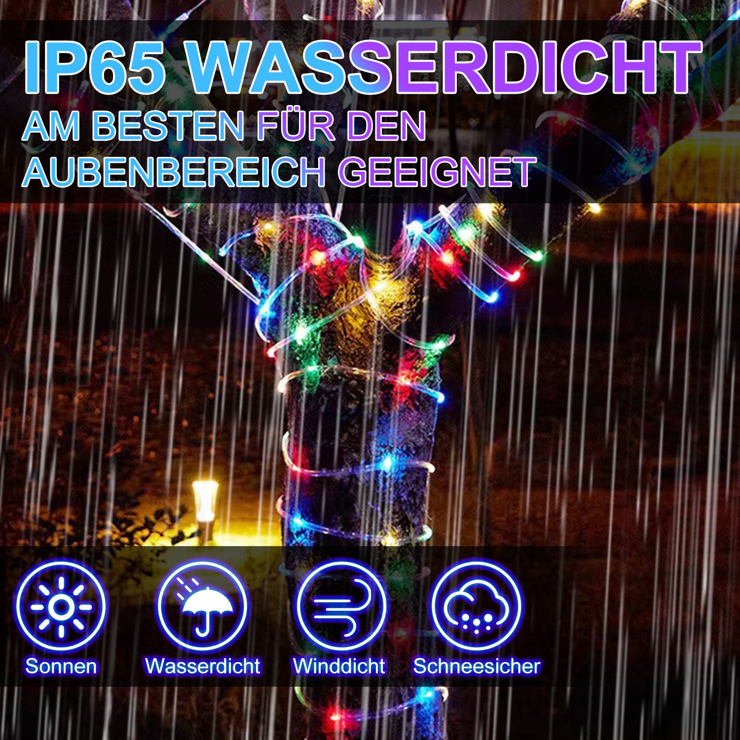 Bunte LED-Lichterketten für den Außenbereich, Regenbogen-LED-Lichterketten, 8 Beleuchtungsmodi mit Speicherfunktion, wasserdichtes Design, geeignet für Gärten, Weihnachtsfeiern und Hochzeiten, 10/20/30/40/50 Meter