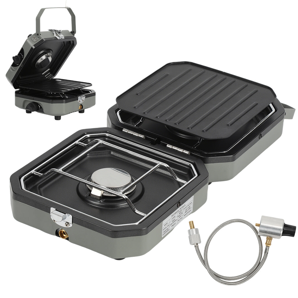 Campingkocher 2 Flammen 4,6 kW mit Grillplatte, Faltbarer Gaskocher mit Zündsicherung, Tragbarer Camping Gaskocher mit 0,5 m Schlauch & Tragetasche, Gasherd für Camping Vanlife Outdoor Küche