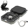Campingkocher 2 Flammen 4,6 kW mit Grillplatte, Faltbarer Gaskocher mit Zündsicherung, Tragbarer Camping Gaskocher mit 0,5 m Schlauch & Tragetasche, Gasherd für Camping Vanlife Outdoor Küche
