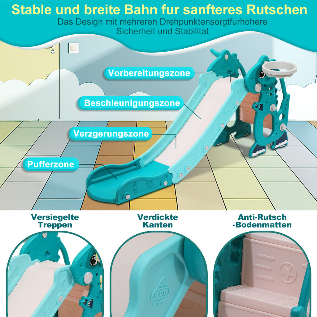 Kinderrutsche, zusammenklappbare Kinderrutsche, stabile Gartenrutsche mit Basketballkorb und Handläufen, lustige Kinderrutsche, für drinnen und draußen geeignete Kleinkindrutsche, grün