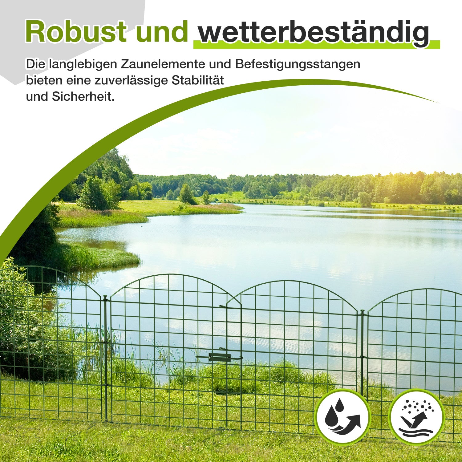 Dekorative Gartenzäune, Teichzaun-Sets, 1 Tor + 4 Teichzaunelemente, Steckzäune, Metallzäune mit Zaunelementen sowie Außenzäune, Gartenzäune, Tierzäune, mit Schloss, Haustierzäune, in drei Ausführungen erhältlich: grün, schwarz