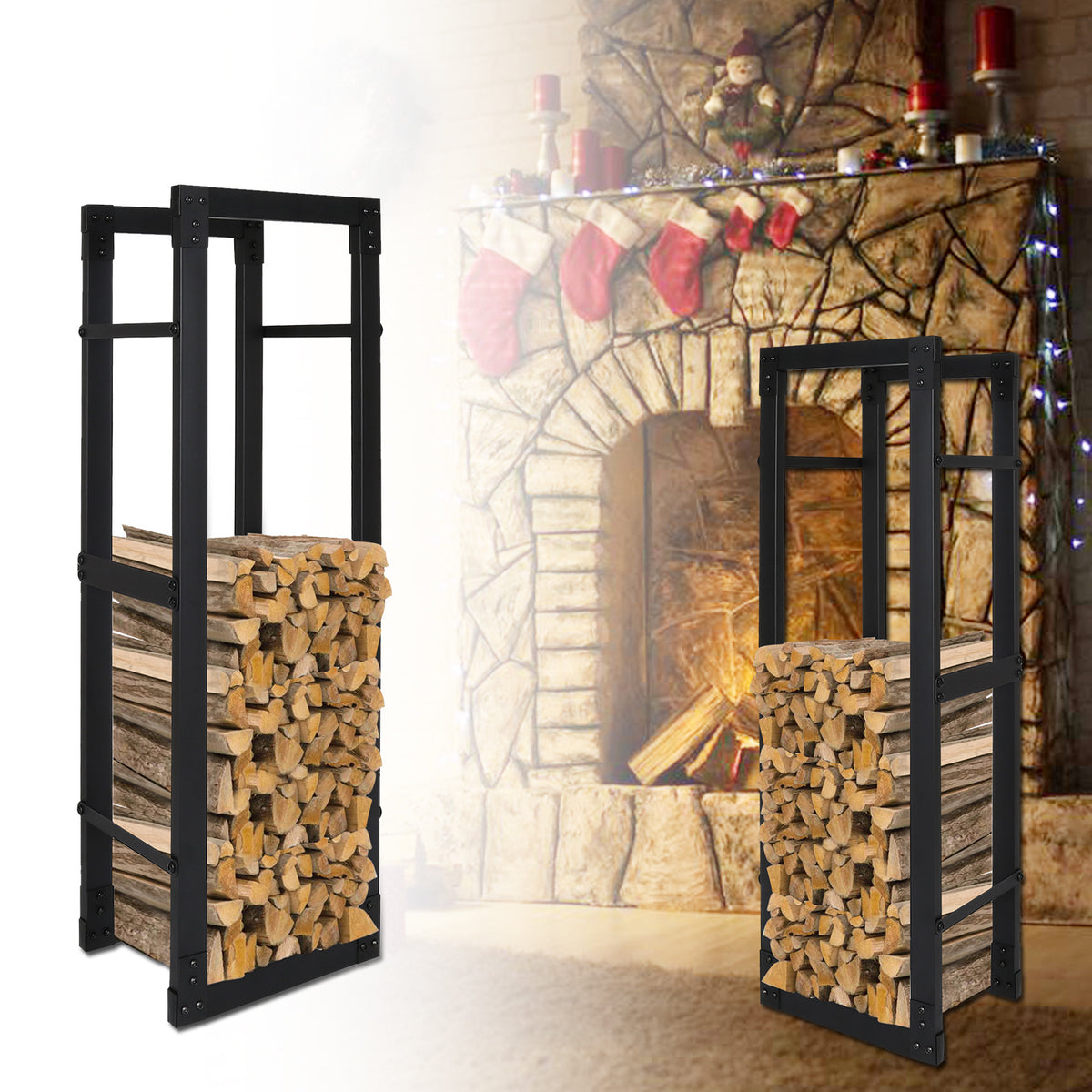Holzregal, schwarzes Metall-Holzregal, Holzscheite, Hilfsmittel zur Lagerung im Innenbereich, Holzregal, Holzhalterung, Holzaufbewahrungsregal, in verschiedenen Größen erhältlich