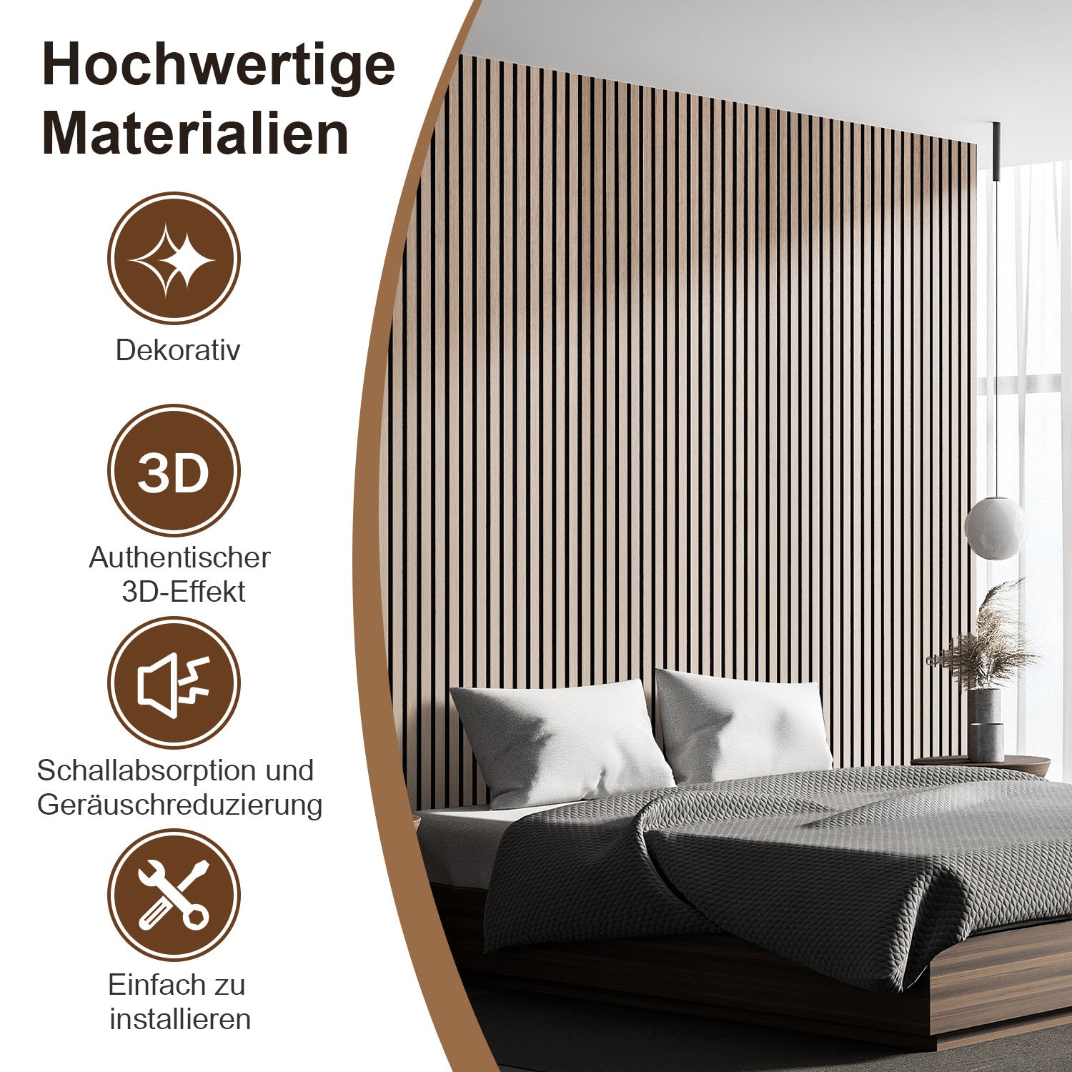 120 x 60 cm große schallabsorbierende Holzpaneele, selbstklebende 3D-Wandpaneele in Holzoptik, die sowohl schalldämmend als auch dekorativ sind und sich für Wohnzimmer, Büros und Ateliers eignen; zur Wandmontage; Eichenfarbe