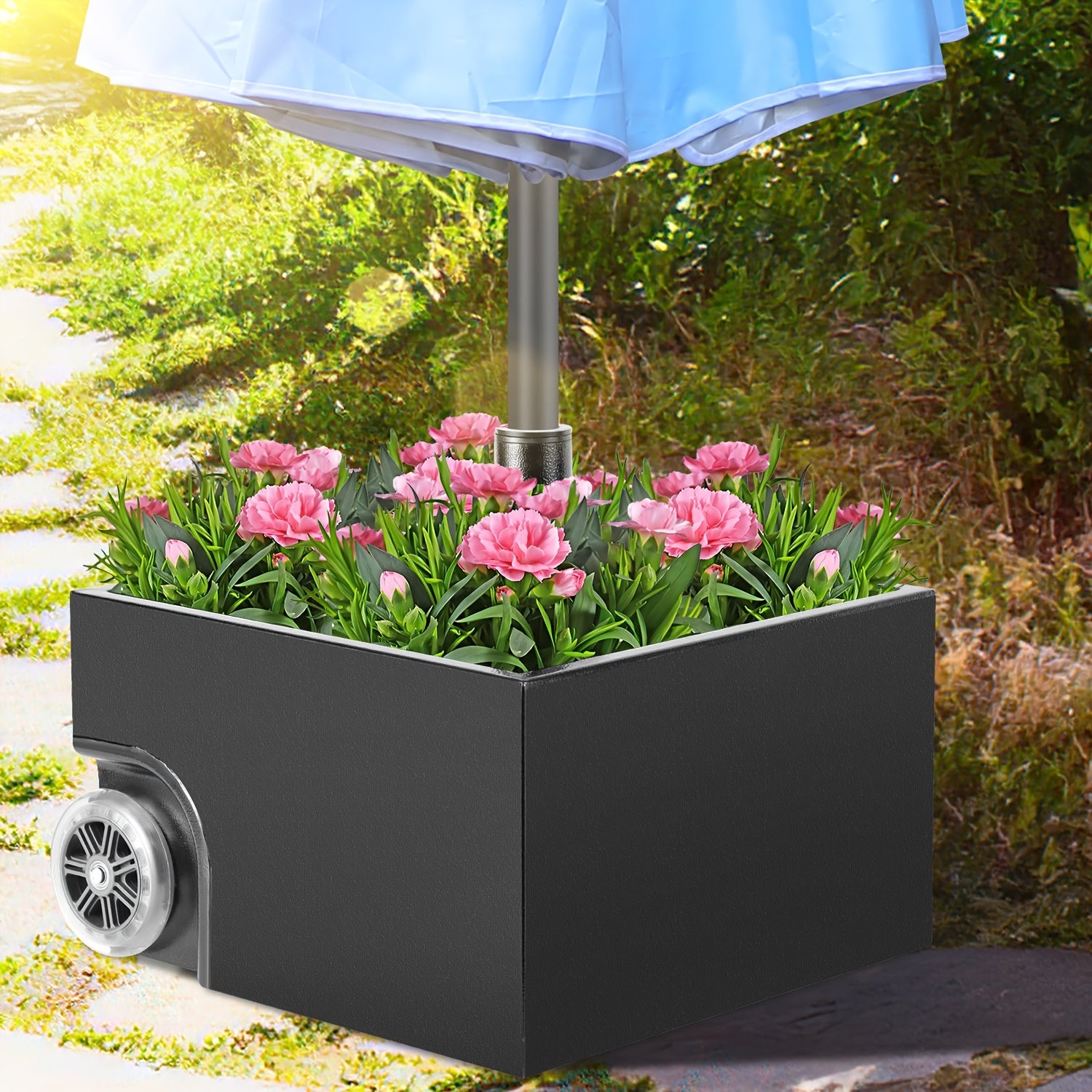Sonnenschirmständer mit Rollen, 77 kg, geeignet für Schirmstangen mit 38/48 mm Durchmesser, bepflanzbarer Sonnenschirmständer (mit Abflusslöchern und befüllbarem Sockel), mobiler Sonnenschirmständer für Terrasse und Garten