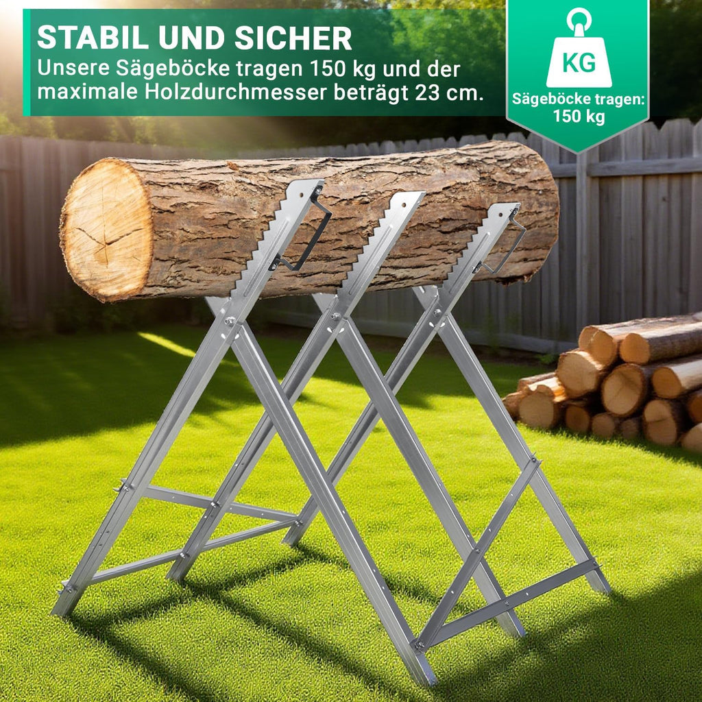 Sägebock, Sägebock aus Holz, Sägehilfsmittel, zusammenklappbar, 3 Stützen, verzinkter Sägebock mit Kettensägenhalterung, Sägebock, maximale Tragkraft 150 kg, geeignet für Sägewerke und Werkstätten