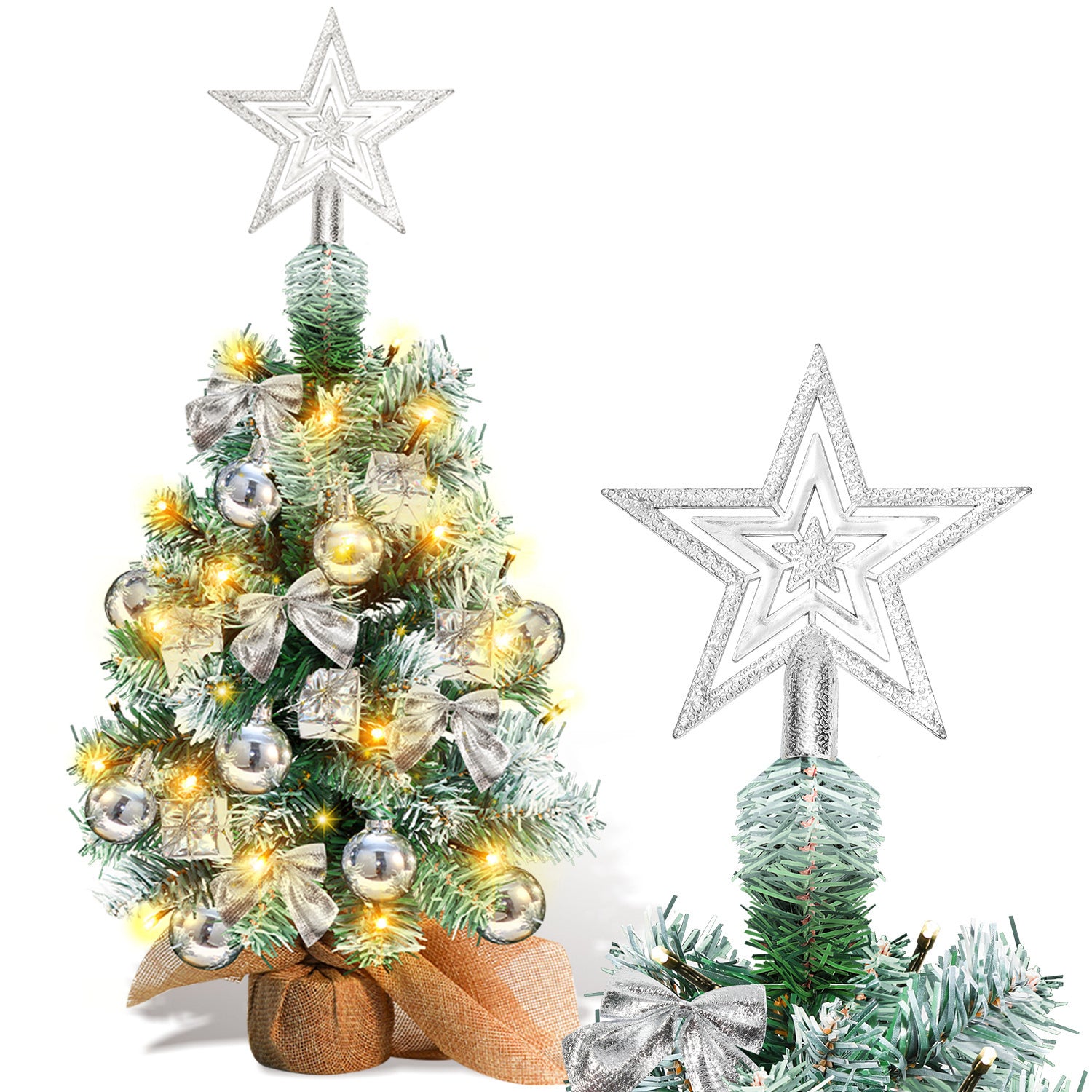 40 cm hoher Mini-Weihnachtsbaum mit LED-Beleuchtung, kleiner künstlicher Tannenbaum, Tannenbaum für den Tisch, mit roten, goldenen und silbernen Christbaumkugeln