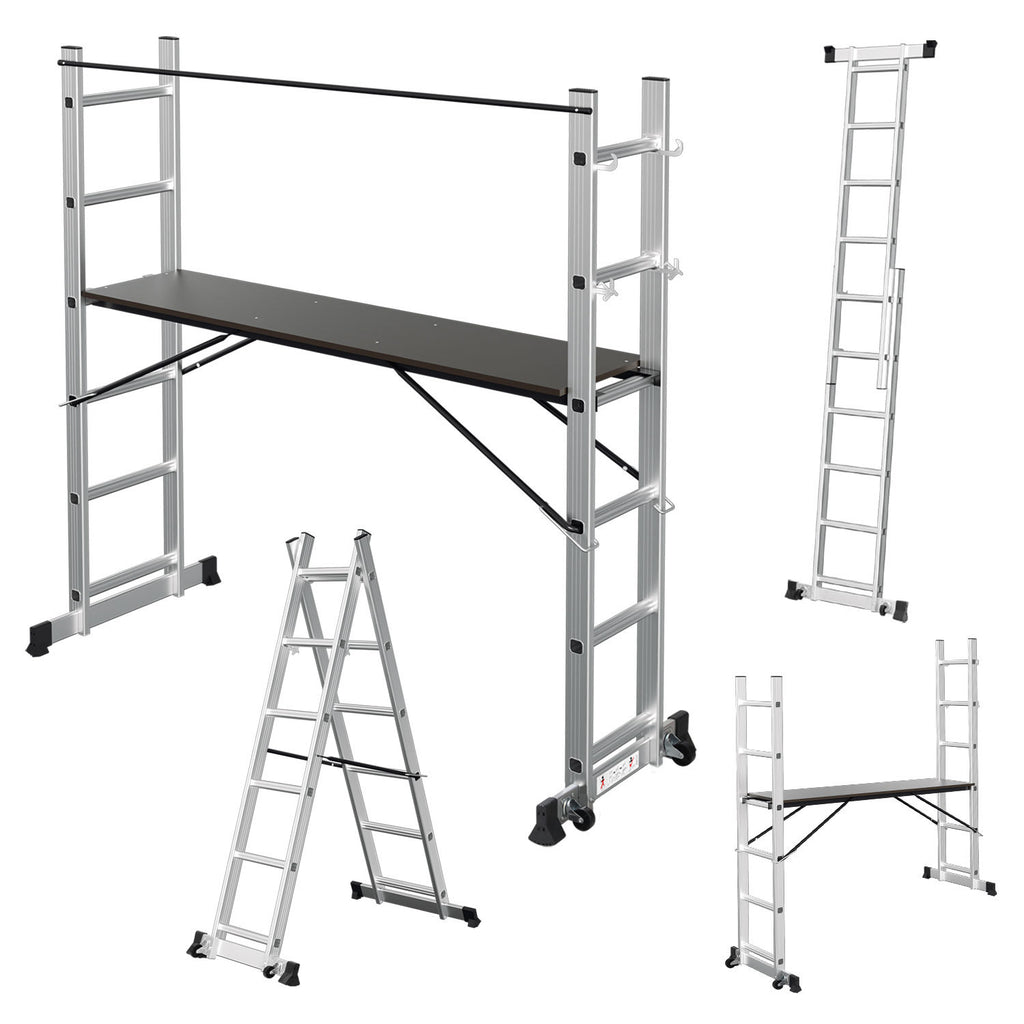Gerüst, 4 in 1 Alu Multifunktionsleiter 6+6 Stufen, Mobile Mehrzweckleiter mit Plattform und 2 Räder, Arbeitsgerüst, Arbeitsbühne, Belastbar bis max. 150 Kg