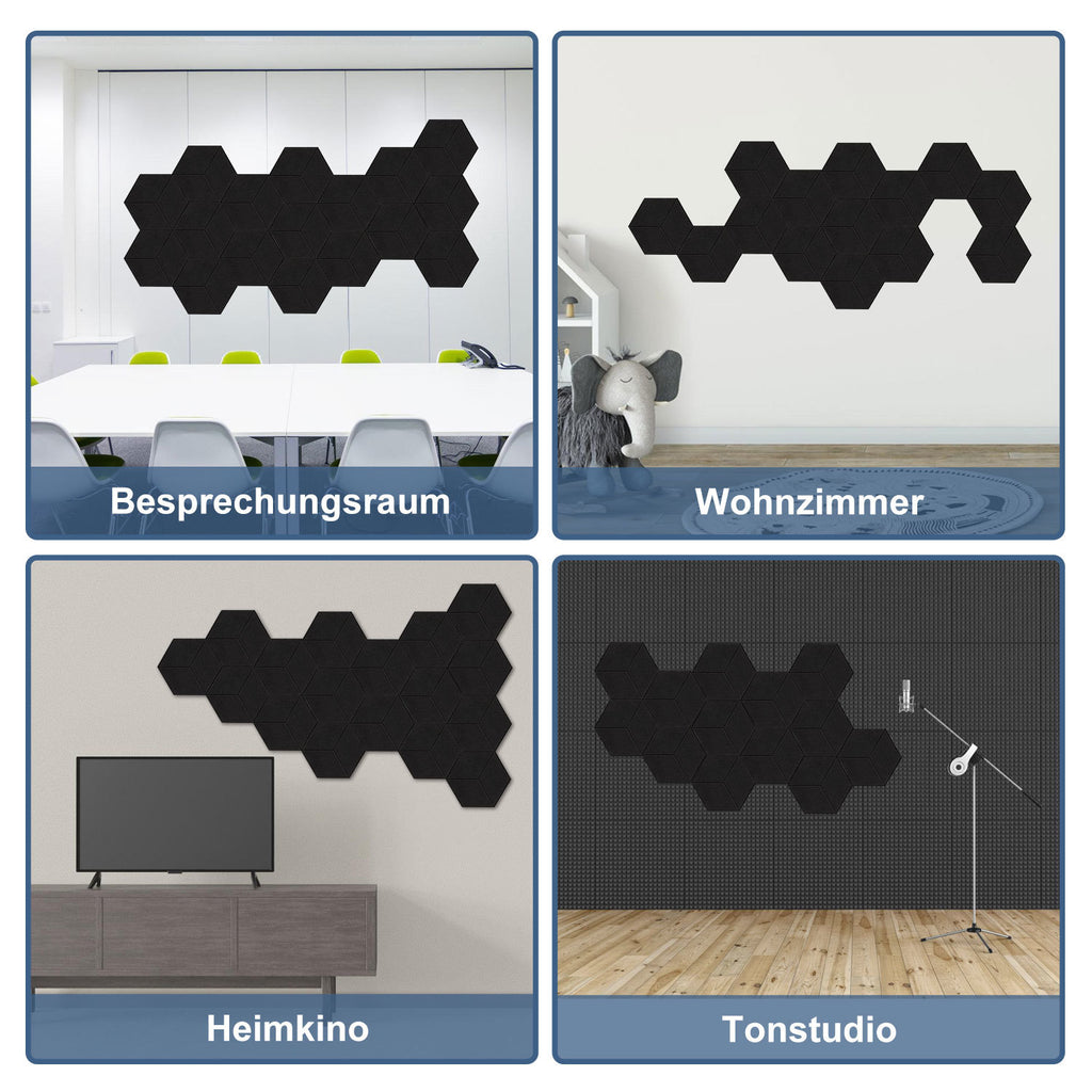 12–36 Stück selbstklebende Akustikplatten, schwarz/grau, aus hochdichtem Dämmmaterial, geeignet für Wandverkleidungen und Schallschutz, ideal für Tonstudios und die Wohnraumgestaltung, sechseckige Rautenform mit Rillen (30 x 26 x 0,9 cm)
