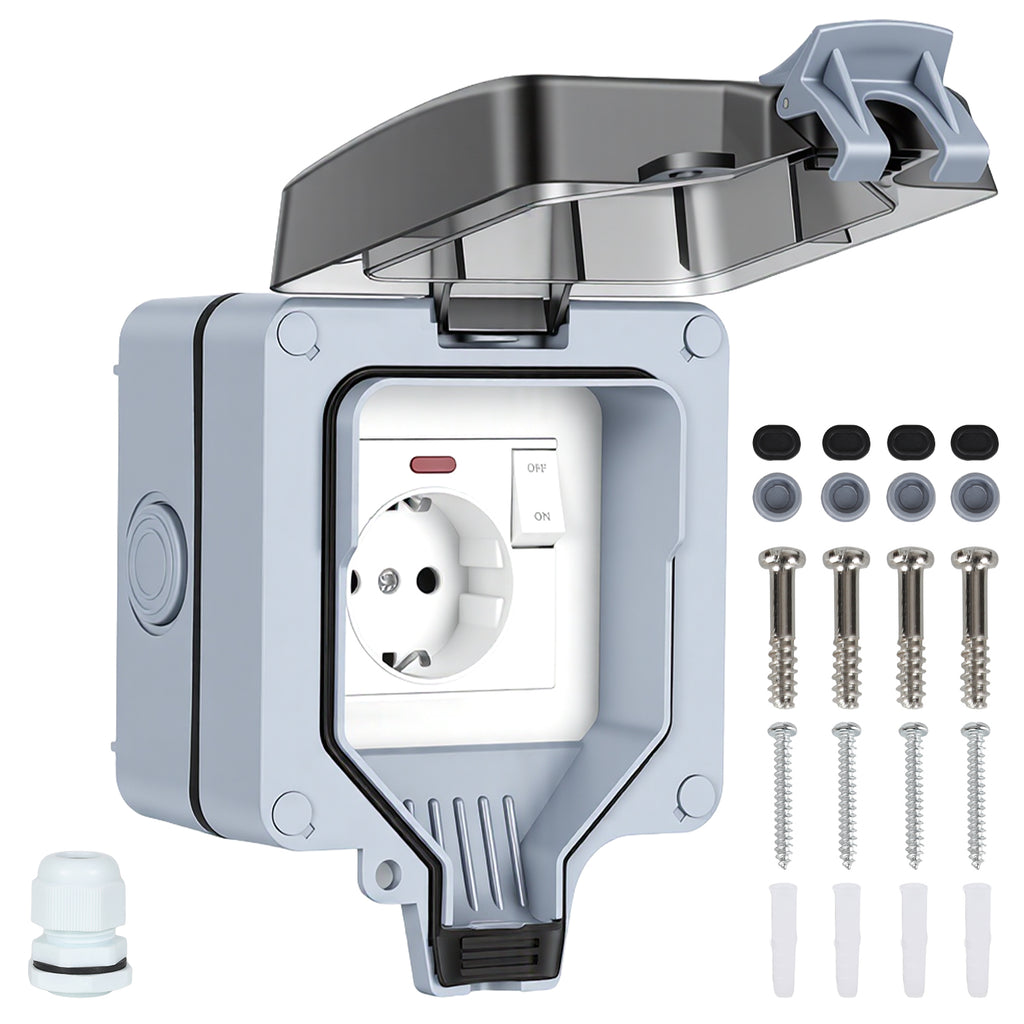 IP65 Wasserdichte Außensteckdose Outdoor mit Schalter, Schutzkontakt, 16A 250V, 1-Fach, Aufputz für Garten & Feuchtraum