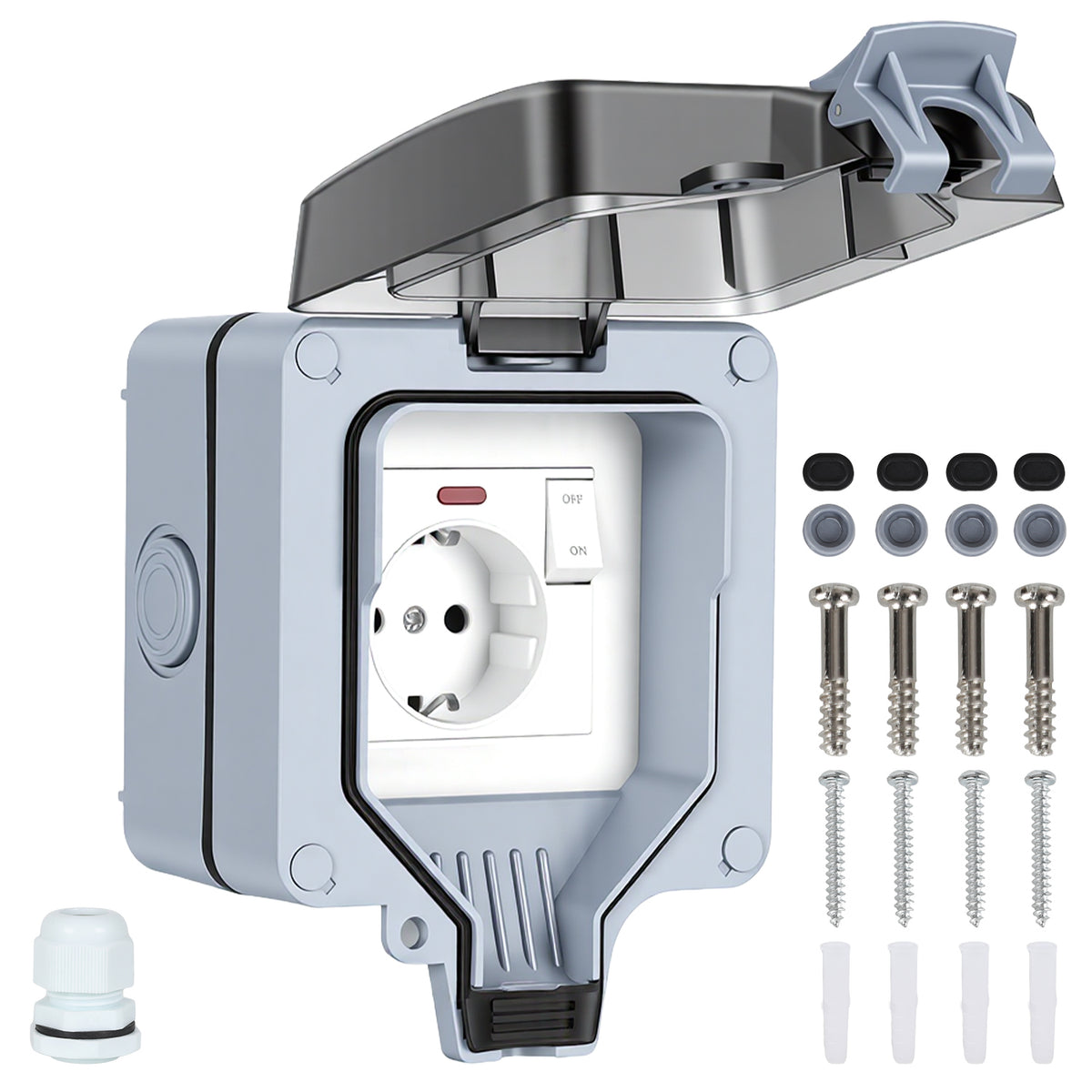 IP65 Wasserdichte Außensteckdose Outdoor mit Schalter, Schutzkontakt, 16A 250V, 1-Fach, Aufputz für Garten & Feuchtraum