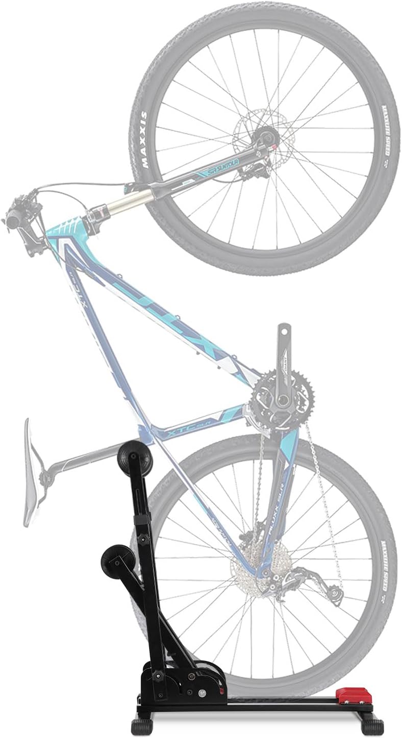3-in-1-Klappfahrradständer, vertikale oder horizontale Aufstellung möglich, keine Bohrungen erforderlich, geeignet für 24–29 Zoll, robuste Konstruktion aus Kohlenstoffstahl, rutschfeste Unterlegmatten, geeignet für Garagen, Wohnungen und Keller