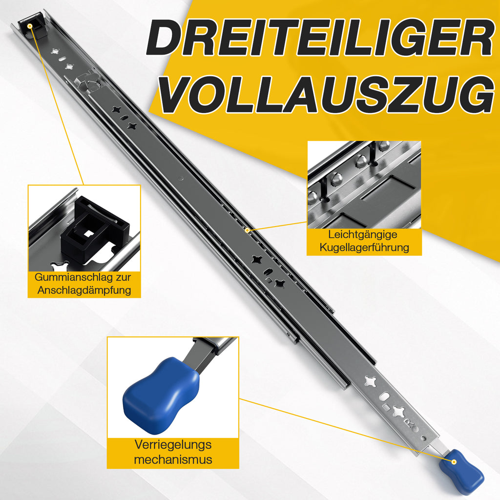 1 Paar Hochleistungs-Schubladenführungen mit Arretierung | Breite 53 mm, Tragkraft 78–120 kg, Vollauszug mit Kugellagern, inklusive Befestigungsschrauben, geeignet für Schränke, Werkstätten, Wohnmobile und industrielle Anwendungen, 300–1150 mm