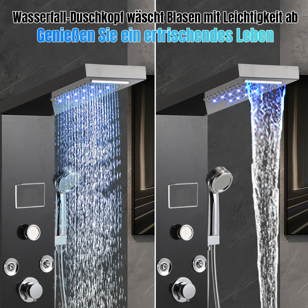 Duschpaneel mit Wasserhahn, 6 Funktionen, Edelstahl-Duschpaneel mit LED-Temperaturanzeige, Regen- und Wasserfall-Duschköpfe, Handbrause, Massagedüse und Duschsäule