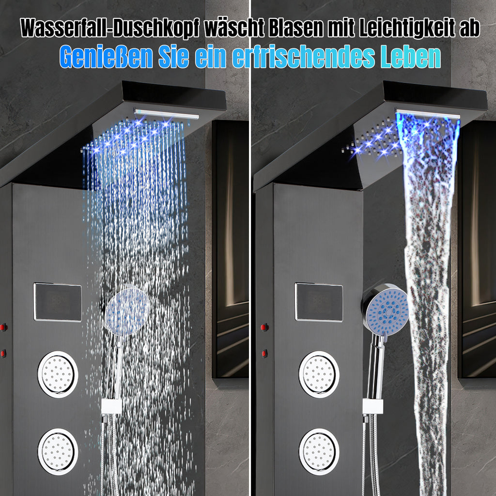 Duschpaneel mit Wasserhahn, 5 Funktionen, Edelstahl-Duschpaneel mit LED-Temperaturanzeige, Regen- und Wasserfall-Duschköpfe, Handbrause, Massagedusche und Duschstange